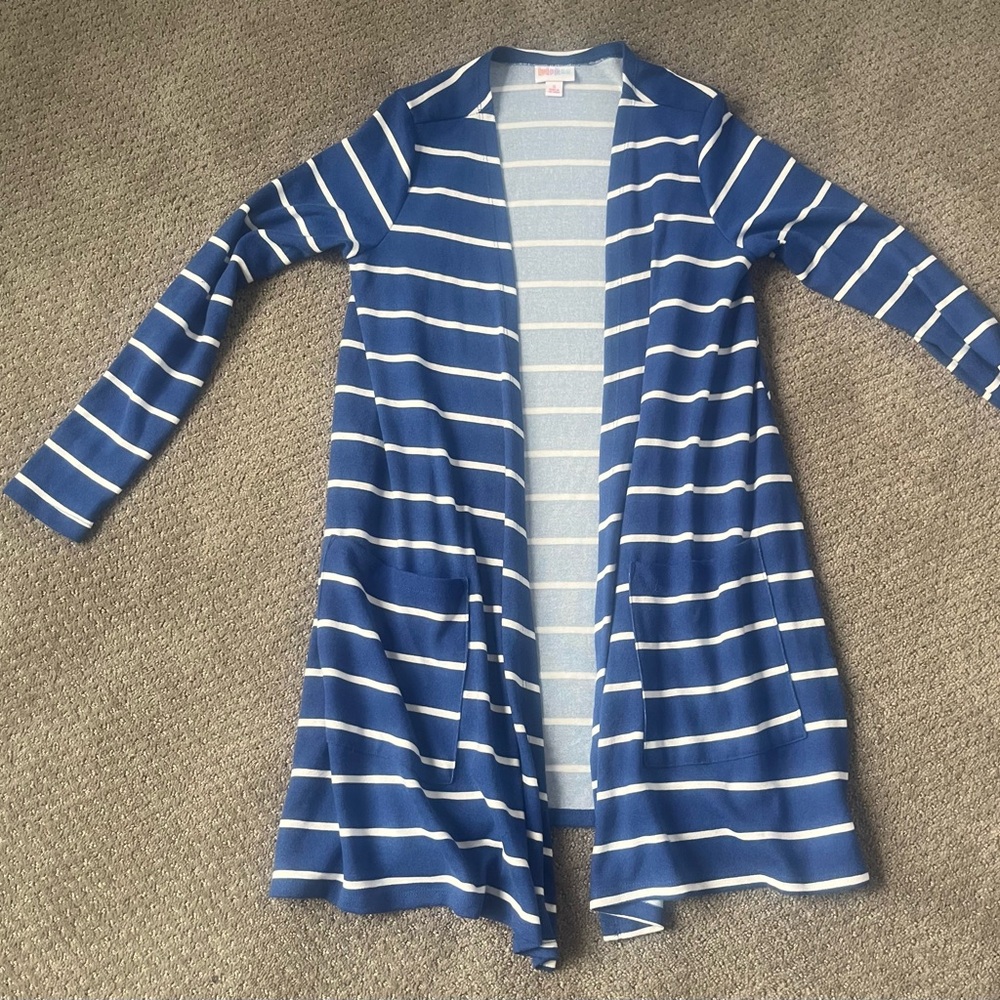 Lularoe Caroline Blue and White Striped Cardigan Size S